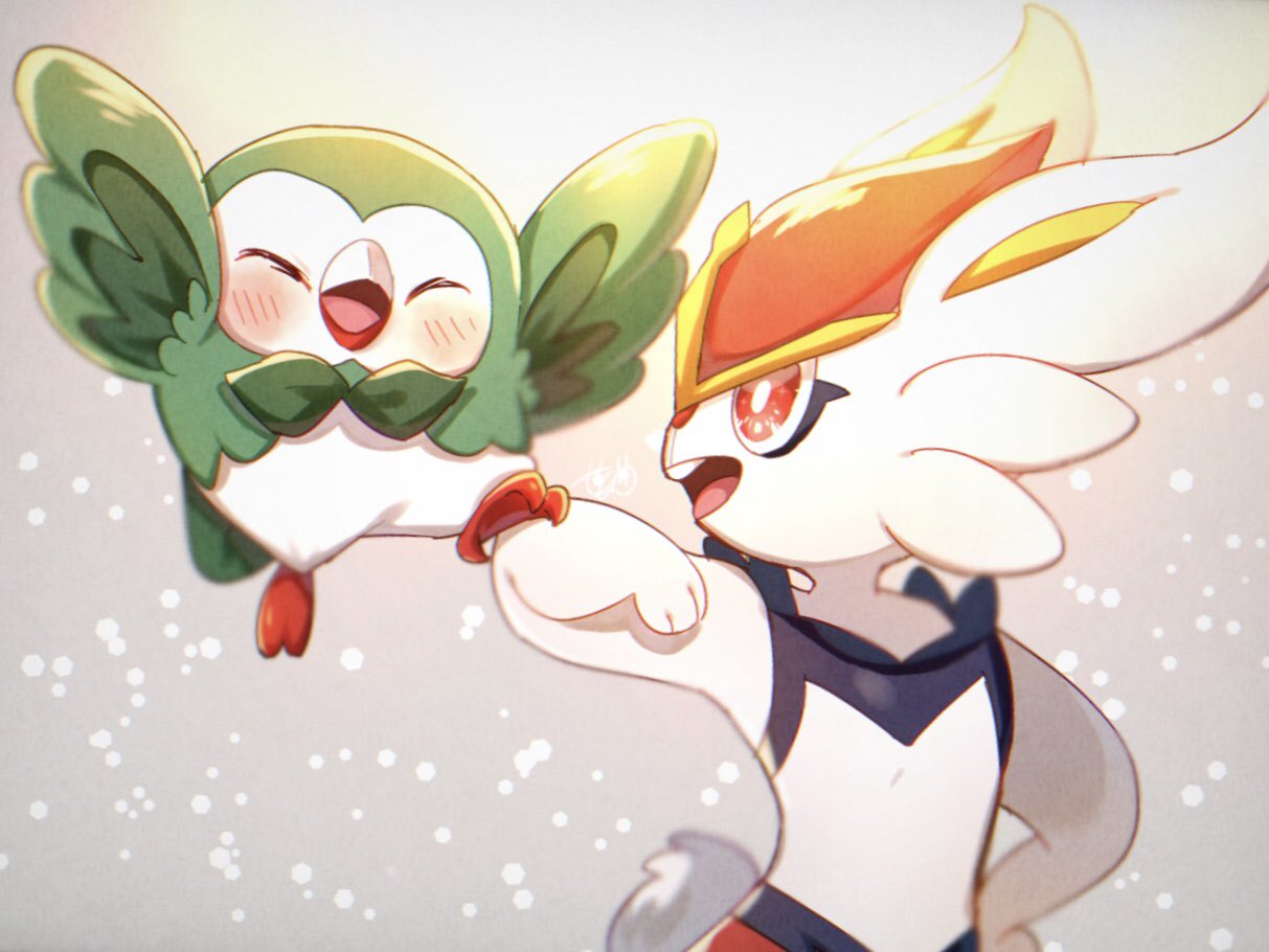 blush chitozen_(pri_zen) cinderace closed_eyes commentary_request gen_7_pokemon gen_8_pokemon hand_on_hip hand_up looking_to_the_side open_mouth pokemon pokemon_(creature) red_eyes rowlet tongue