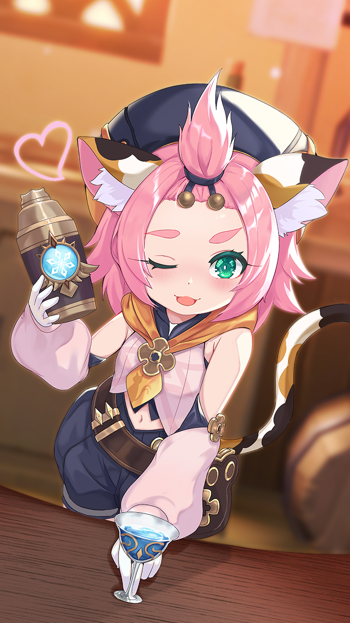 animal_ears beret blurry blurry_background blush bottle cat_ears cat_tail cup detached_sleeves diona_(genshin_impact) drinking_glass genshin_impact gloves green_eyes hair_ornament hat heart highres jamgom navel one_eye_closed open_mouth pink_hair shorts table tail thick_eyebrows wine_glass