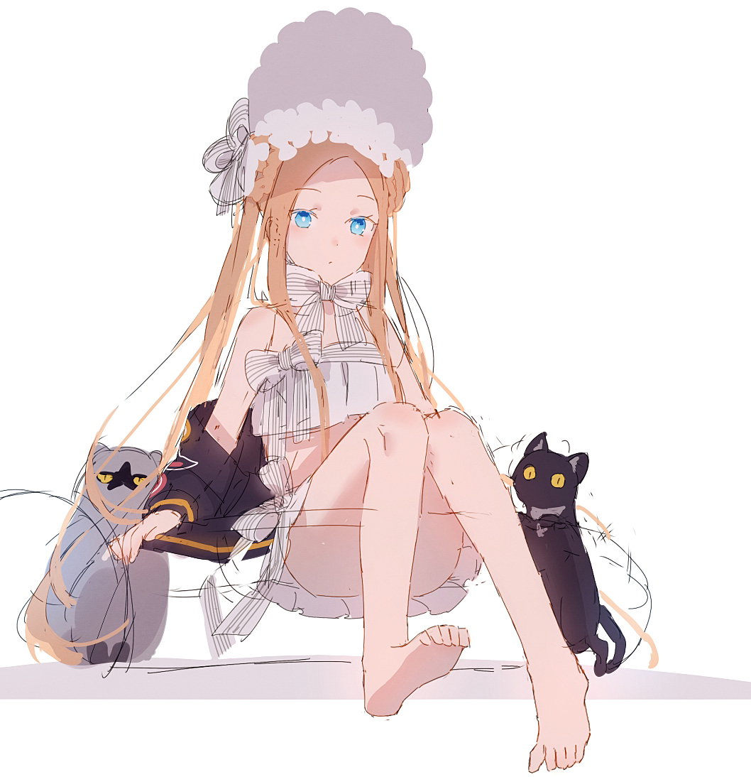 1girl abigail_williams_(fate/grand_order) abigail_williams_(swimsuit_foreigner)_(fate) bangs bare_shoulders bikini black_cat blonde_hair blue_eyes bonnet bow braid breasts cat fate/grand_order fate_(series) forehead hair_bow hair_rings hakusai_(tiahszld) innertube long_hair miniskirt parted_bangs sidelocks simple_background sitting skirt small_breasts swimsuit twin_braids twintails very_long_hair white_background white_bikini white_bow white_headwear