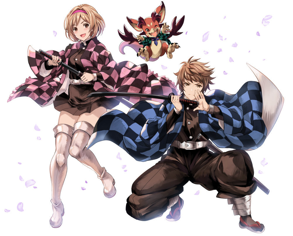 1boy 1girl bangs belt black_pants blonde_hair blush boots brown_hair checkered checkered_jacket closed_mouth cosplay djeeta_(granblue_fantasy) dragon eyebrows_visible_through_hair fangs gran_(granblue_fantasy) granblue_fantasy hairband haori holding holding_sword holding_weapon jacket japanese_clothes katana kimetsu_no_yaiba kyogoku_shin long_sleeves open_mouth pants petals sandals sheath short_hair simple_background squatting sword thigh-highs thigh_boots vee_(granblue_fantasy) weapon white_background white_footwear