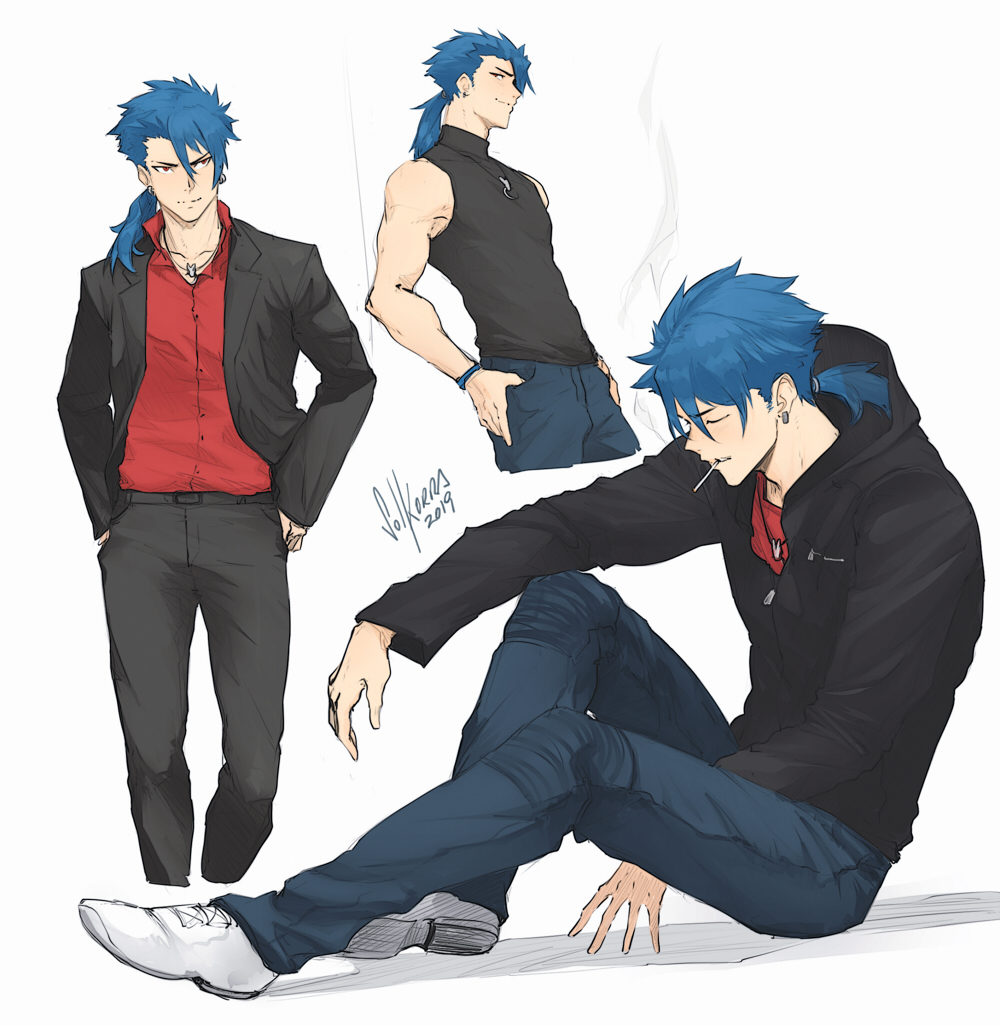 1boy alternate_costume angry bare_shoulders blue_hair closed_eyes collared_shirt crescent_necklace cu_chulainn_(fate)_(all) cu_chulainn_(fate/prototype) dated denim dress_shirt earrings fate/prototype fate_(series) from_side grin hand_in_pocket hood hood_down hoodie hoop_earrings jacket jeans jewelry long_hair male_focus multiple_views muscle necklace pants ponytail red_eyes shirt signature sitting sleeveless sleeveless_shirt smile smoke smoking solkorra spiky_hair standing tied_hair type-moon