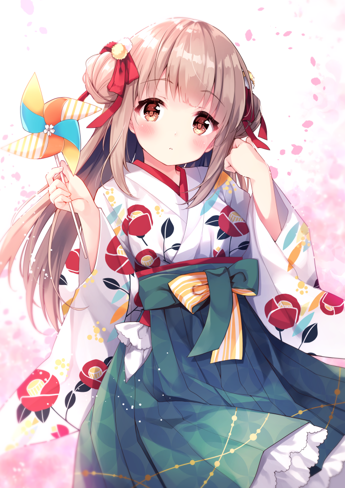 1girl :o blush bow brown_eyes brown_hair commentary_request double_bun floral_print green_bow green_hakama hair_bow hakama hands_up holding irori japanese_clothes kimono long_hair long_sleeves looking_at_viewer original parted_lips petals pinwheel print_kimono red_bow solo striped striped_bow very_long_hair white_kimono wide_sleeves yellow_bow