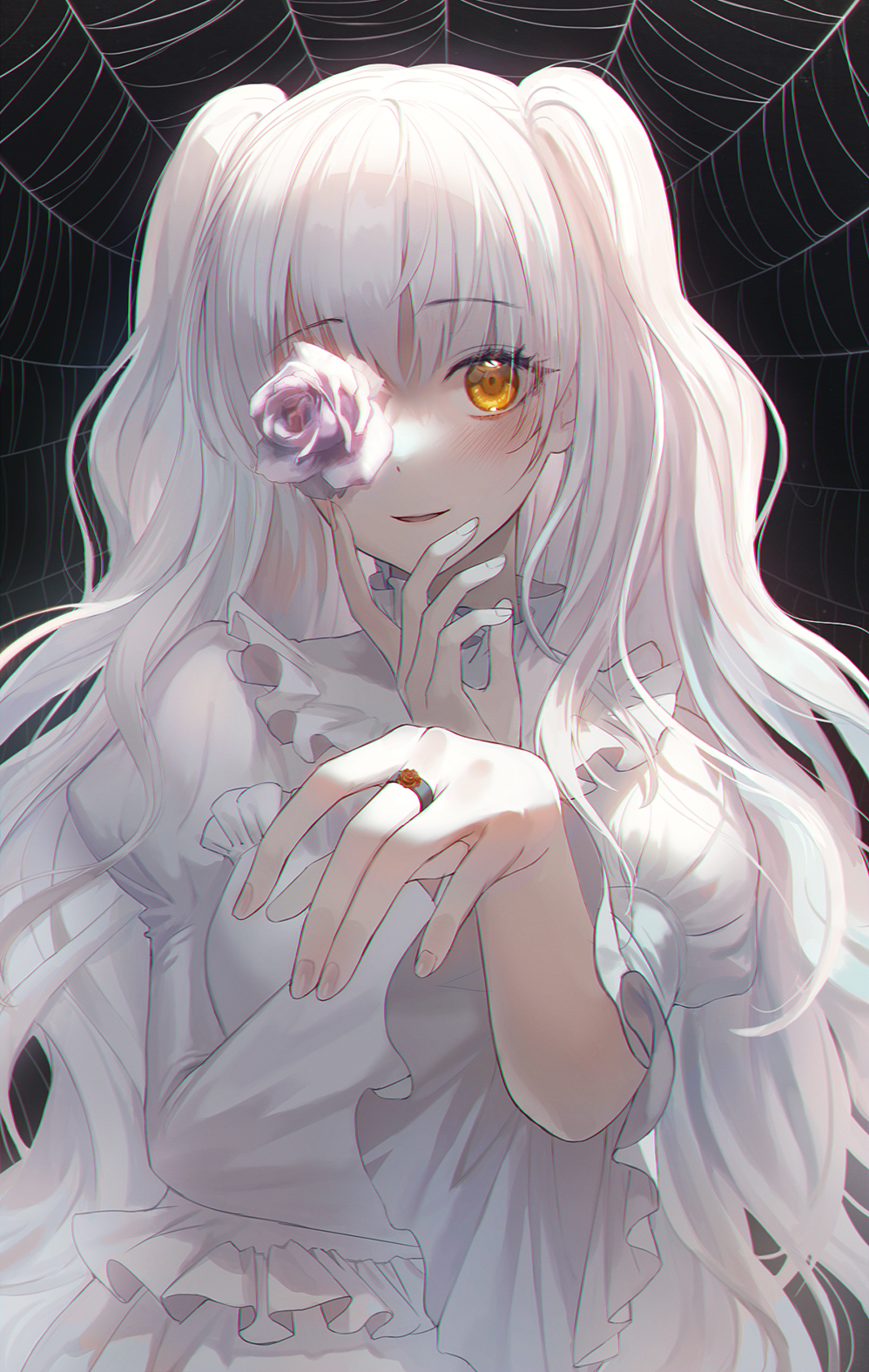 1girl blush breasts daby dress eyebrows_visible_through_hair flower_eyepatch flower_over_eye hand_on_own_chin highres jewelry kirakishou long_hair looking_at_viewer medium_breasts parted_lips ring rozen_maiden silk silver_hair smile solo spider_web symbol_commentary upper_body very_long_hair white_dress wide_sleeves yellow_eyes