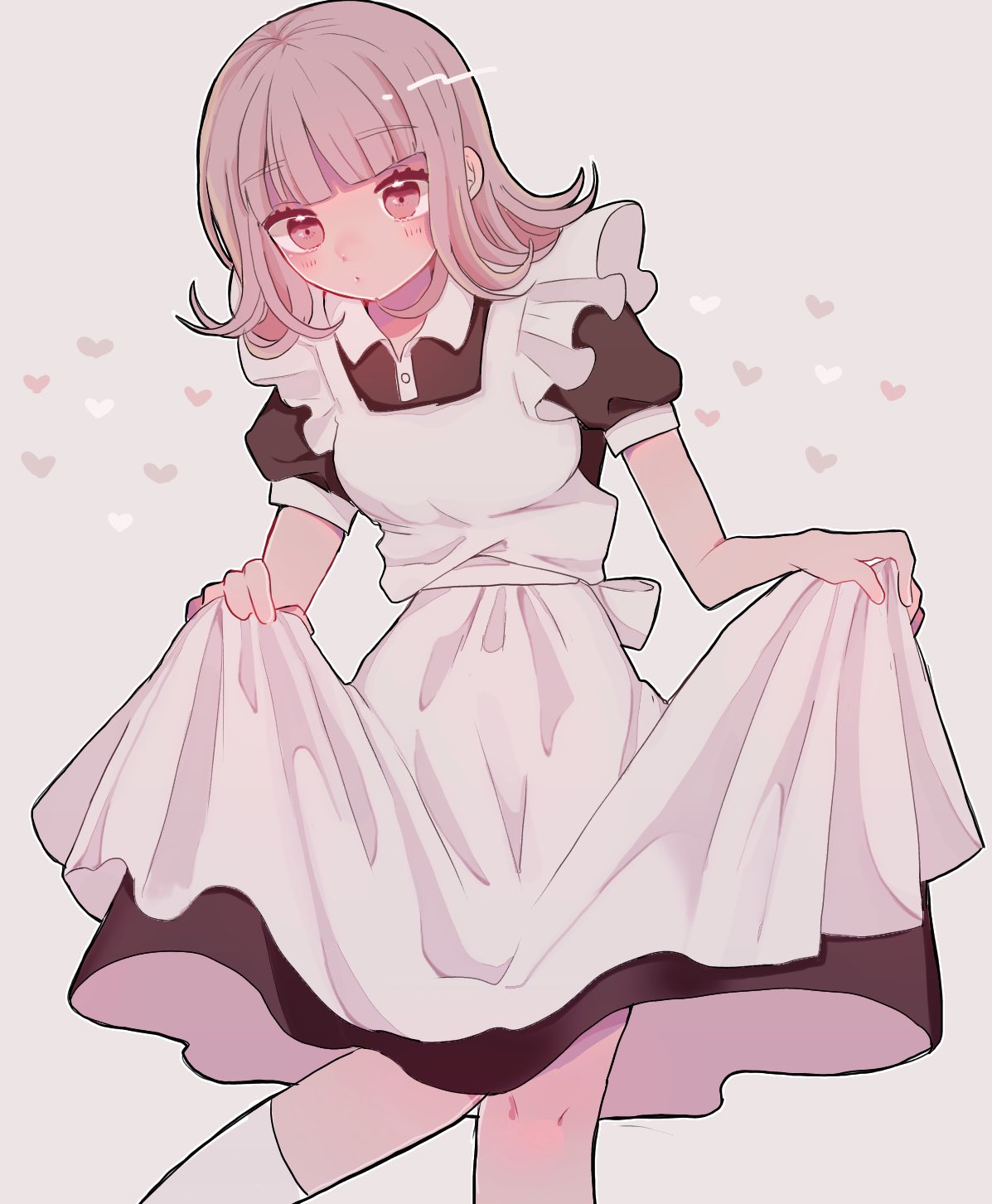 1girl alternate_costume ameko53133 apron apron_lift bangs black_dress blunt_bangs blush breasts brown_hair closed_mouth collared_dress dangan_ronpa dress enmaided eyebrows_visible_through_hair feet_out_of_frame flipped_hair heart highres kneehighs maid maid_apron medium_breasts medium_hair nanami_chiaki pink_eyes pink_hair puffy_short_sleeves puffy_sleeves short_sleeves simple_background skirt_hold solo super_dangan_ronpa_2 white_apron white_legwear