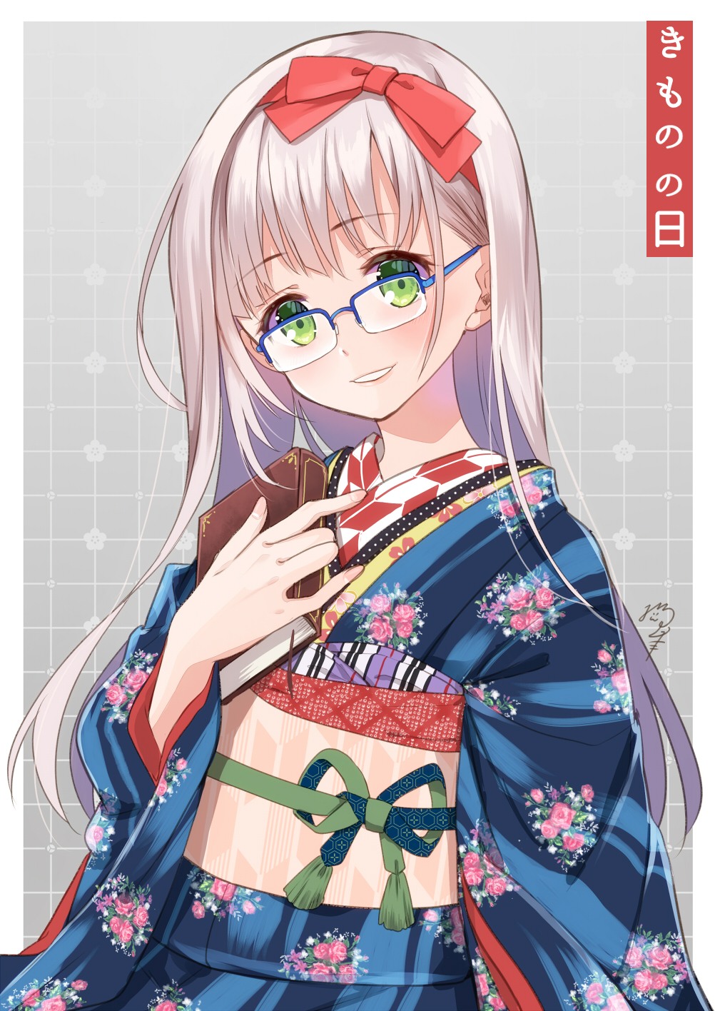 1girl blue-framed_eyewear blue_kimono blush book bow commentary_request floral_print glasses green_eyes hair_bow hand_up highres holding holding_book japanese_clothes kimono long_hair long_sleeves looking_at_viewer nekozuki_yuki obi original over-rim_eyewear parted_lips print_kimono red_bow sash semi-rimless_eyewear silver_hair smile solo translation_request upper_body very_long_hair wide_sleeves