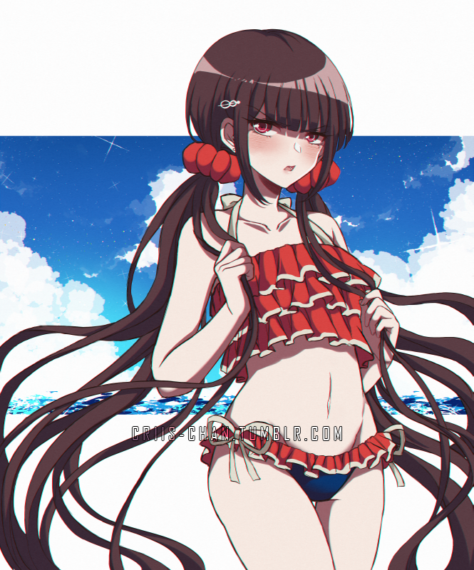 1girl bangs bare_arms bare_shoulders bikini blue_bikini blunt_bangs blush clouds collarbone cowboy_shot criis-chan dangan_ronpa frills hair_ornament hairclip halterneck hands_up harukawa_maki holding holding_hair long_hair looking_at_viewer low_twintails messy_hair mole navel new_dangan_ronpa_v3 open_mouth red_bikini red_eyes side-tie_bikini solo stomach swimsuit symbol_commentary thigh_gap twintails twitter_username v-shaped_eyebrows very_long_hair