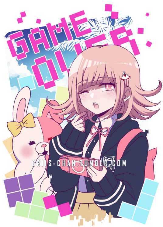 1girl :o backpack bag bangs black_jacket black_shirt blush breasts collared_shirt criis-chan dangan_ronpa flipped_hair game_over hair_ornament hairclip handheld_game_console high-waist_skirt jacket light_brown_hair long_sleeves looking_at_viewer medium_breasts monomi nanami_chiaki neck_ribbon one_eye_closed open_mouth pink_eyes pink_ribbon playstation_portable ribbon shiny shiny_hair shirt shirt_tucked_in skirt sleeves_past_wrists solo super_dangan_ronpa_2 symbol_commentary twitter_username two-tone_shirt upper_teeth