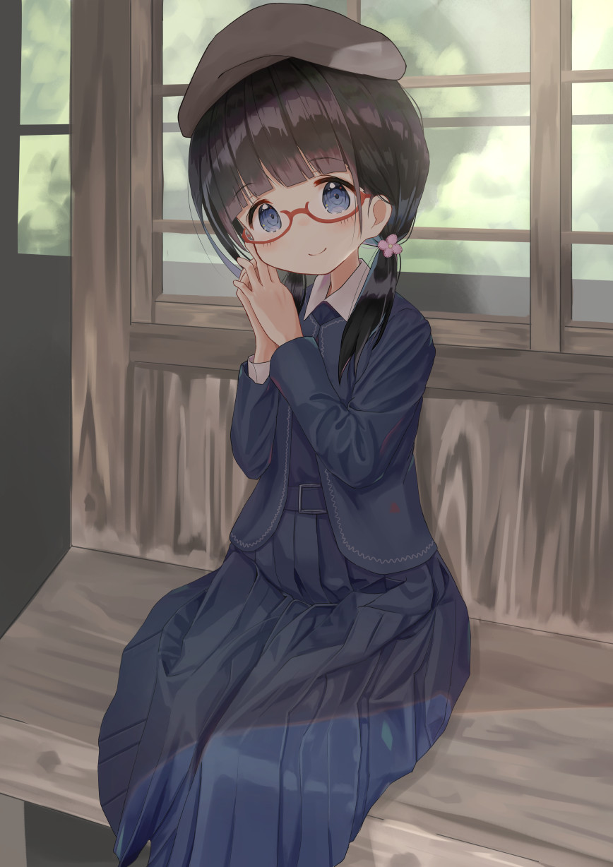 1girl bangs beret black_hair blue_eyes blue_jacket blue_skirt blue_vest blush closed_mouth collared_shirt commentary_request eyebrows_visible_through_hair flower glasses grey_headwear hair_flower hair_ornament hands_together hands_up hat head_tilt highres jacket long_hair long_sleeves looking_at_viewer low_twintails mimikaki_(men_bow) open_clothes open_jacket original own_hands_together pink_flower pleated_skirt red-framed_eyewear school_uniform semi-rimless_eyewear shirt sitting skirt smile solo twintails under-rim_eyewear vest white_shirt