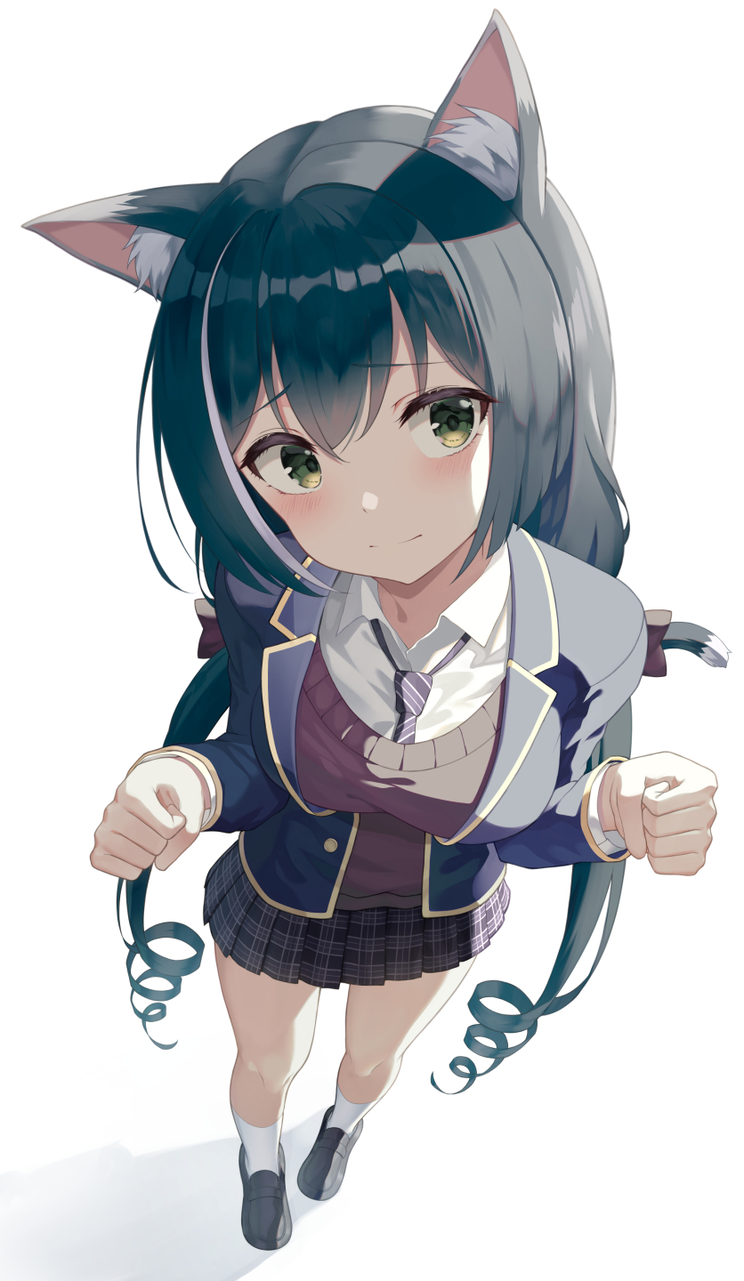 1girl adapted_costume animal_ear_fluff animal_ears bangs black_footwear black_hair black_skirt blazer blush breasts cat_ears cat_girl cat_tail clenched_hands closed_mouth collared_shirt drill_hair eyebrows_visible_through_hair from_above full_body green_eyes hanavvi head_tilt highres jacket karyl_(princess_connect!) kneehighs loafers long_hair long_sleeves looking_at_viewer looking_up low_twintails medium_breasts miniskirt multicolored_hair necktie open_clothes open_jacket plaid plaid_skirt pleated_skirt princess_connect! princess_connect!_re:dive purple_jacket purple_neckwear school_uniform shirt shoes skirt smile solo standing streaked_hair striped striped_neckwear sweater_vest tail twintails very_long_hair white_hair white_legwear white_shirt