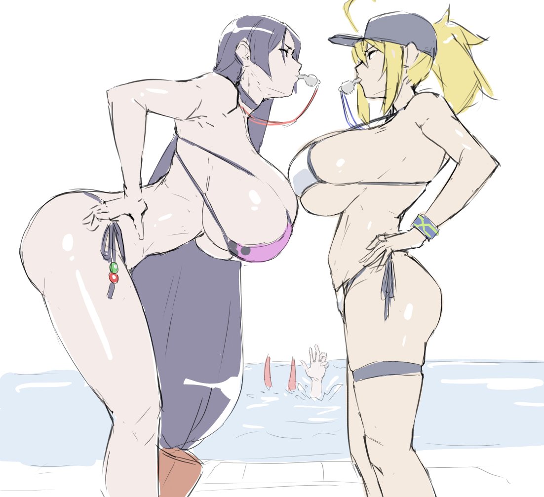 2girls ahoge artoria_pendragon_(all) asphyxiation baseball_cap beach bikini blonde_hair blowing_whistle blue_headwear breasts drowning eu03 fate/grand_order fate_(series) hand_on_hip hat height_difference huge_breasts large_breasts long_hair looking_at_another medium_hair minamoto_no_raikou_(fate/grand_order) minamoto_no_raikou_(swimsuit_lancer)_(fate) multiple_girls mysterious_heroine_xx_(foreigner) ponytail purple_bikini purple_hair shiny shiny_hair swimsuit thigh_strap very_long_hair water whistle white_background white_bikini