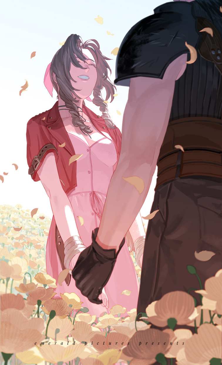 1boy 1girl aerith_gainsborough armor brown_hair dress facing_viewer field final_fantasy final_fantasy_vii flower flower_field from_behind gloves highres holding_hands holy_pumpkin long_hair petals pink_dress shoulder_armor smile standing zack_fair