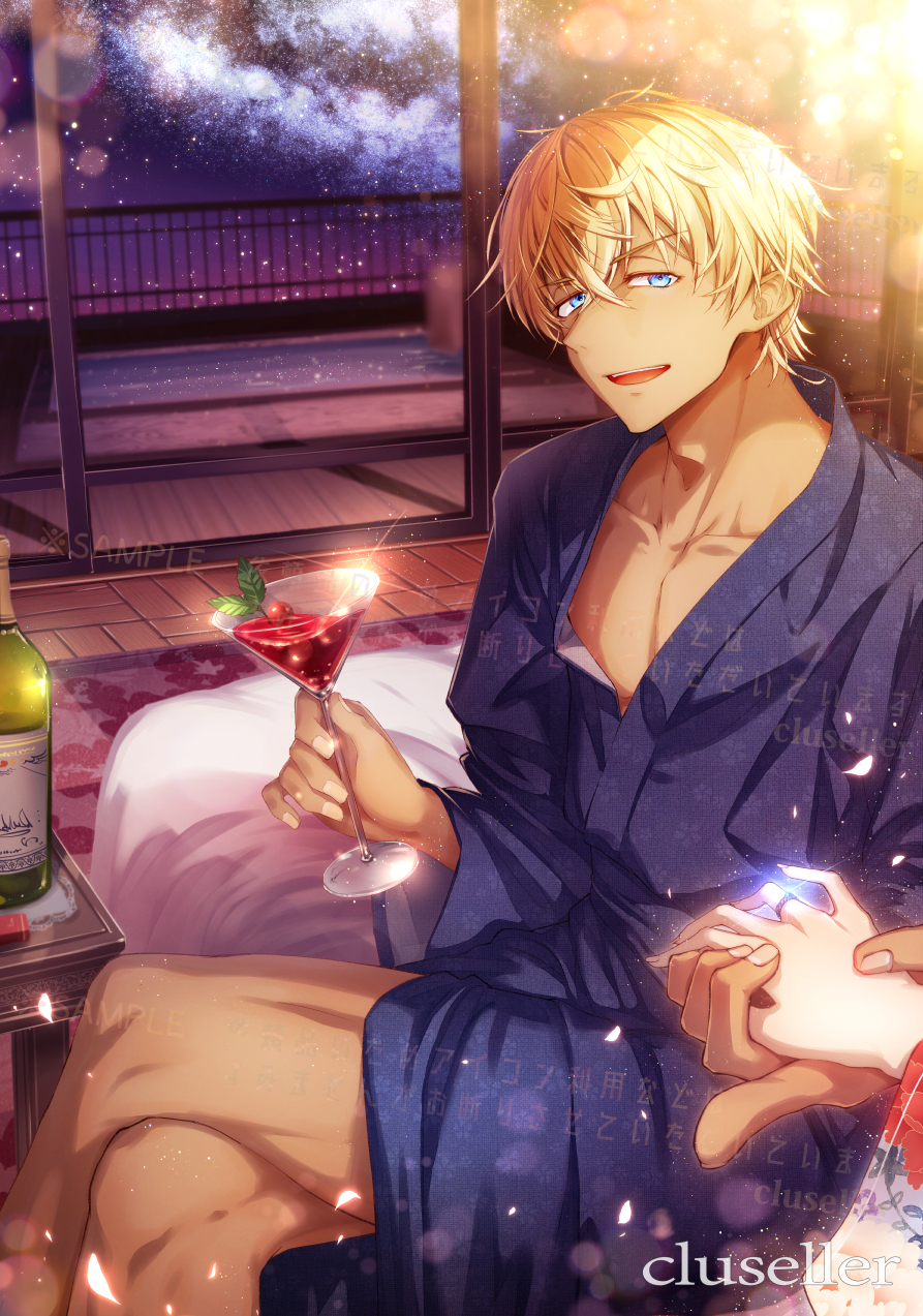 1boy 1girl alcohol amuro_tooru artist_name bangs blonde_hair blue_eyes blue_kimono blurry bokeh bottle cherry clouds cluseller cocktail_glass collarbone commentary_request crossed_bangs crossed_legs cup dark_skin dark_skinned_male depth_of_field drinking_glass eyebrows_visible_through_hair female_pov floral_print food fruit glint half-closed_eyes hands_up highres holding holding_hands indoors japanese_clothes jewelry kimono light_particles long_sleeves looking_at_viewer meitantei_conan mint night on_bed petals pool pov ring sample short_hair solo_focus star_(sky) table translation_request water watermark wedding_ring wide_sleeves wine