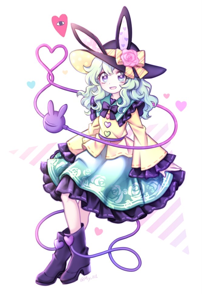 1girl animal_ears bangs black_bow black_footwear black_legwear black_neckwear boots bow bowtie buttons floral_print flower frilled_skirt frilled_sleeves frills full_body green_eyes green_hair green_skirt hat hat_ribbon heart heart_eyes heart_of_string komeiji_koishi long_hair long_sleeves looking_at_viewer miy_001 open_mouth pink_flower pink_rose rabbit_ears ribbon rose rose_print shirt simple_background skirt sleeves_past_wrists smile solo third_eye touhou wavy_hair white_background wide_sleeves yellow_ribbon yellow_shirt