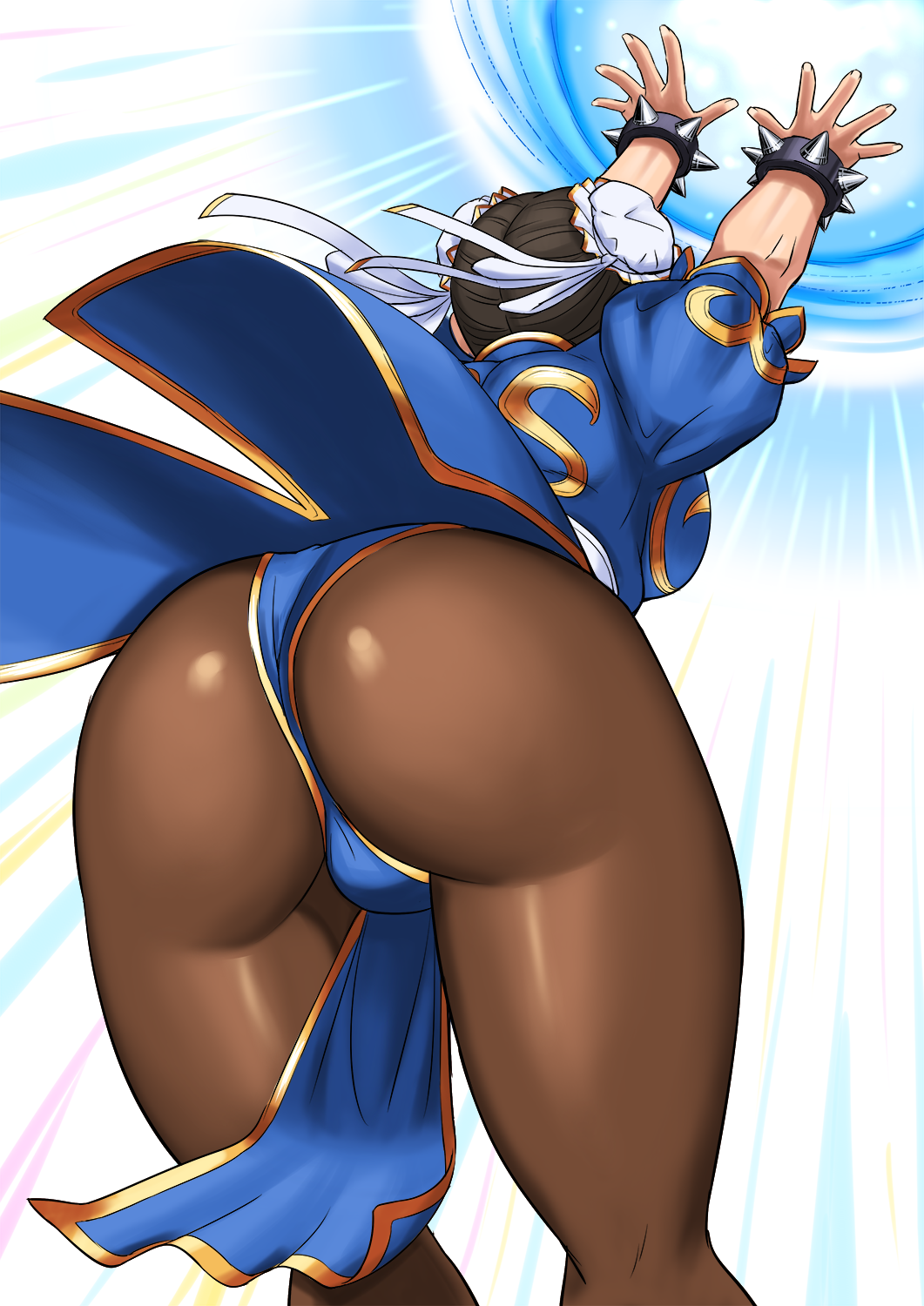 1girl ass bracelet breasts brown_hair brown_legwear china_dress chinese_clothes chun-li commentary_request double_bun dress dutch_angle fingernails from_behind hair_ornament highres jewelry kikouken medium_breasts pantyhose puffy_short_sleeves puffy_sleeves shigenobu shiny shiny_clothes short_sleeves simple_background solo spiked_bracelet spikes street_fighter street_fighter_ii_(series) tied_hair underwear white_background