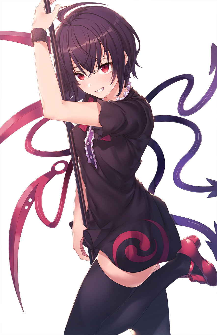 1girl ahoge arm_up asymmetrical_wings bangs black_dress black_hair black_legwear blue_wings breasts commentary_request cowboy_shot dress grin highres holding holding_weapon houjuu_nue ibuki_notsu leg_up looking_at_viewer medium_breasts polearm red_eyes red_footwear red_wings shoes short_dress short_hair short_sleeves simple_background smile solo standing standing_on_one_leg thigh-highs thighs touhou weapon white_background wings wristband zettai_ryouiki