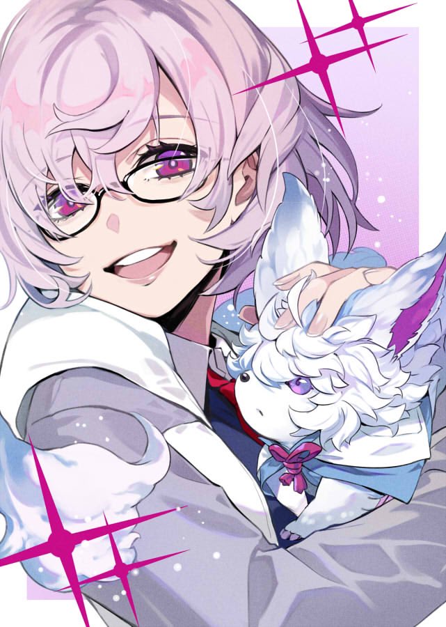 1girl :d black-framed_eyewear blue_shirt bright_pupils collared_shirt creature fate/grand_order fate_(series) fou_(fate/grand_order) glasses holding_creature hood hooded_jacket jacket looking_at_viewer mash_kyrielight necktie open_clothes open_jacket open_mouth pink_hair pokimari round_teeth shirt short_hair smile solo teeth upper_teeth violet_eyes white_pupils