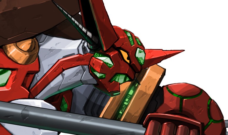 clenched_hand close-up drill from_side getter_robo horns korean_commentary looking_ahead mecha no_humans science_fiction shin_getter-1 shin_getter_robo solo super_robot superphotrone white_background yellow_eyes