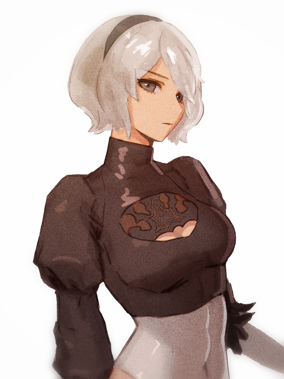 1girl black_eyes breasts cleavage_cutout clothing_cutout covered_navel eyebrows_behind_hair gloves hairband highres juliet_sleeves leotard long_sleeves looking_at_viewer mask mask_removed nier_(series) nier_automata ombre_t puffy_sleeves short_hair small_breasts solo turtleneck white_background white_gloves white_hair white_hairband white_leotard yorha_no._2_type_b