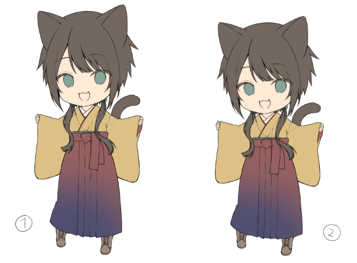 1girl :d animal_ears bangs black_hair boots brown_footwear brown_hakama brown_kimono cat_ears cat_girl cat_tail commentary_request cross-laced_footwear eyebrows_visible_through_hair fang green_eyes hakama japanese_clothes kimono lace-up_boots long_hair long_sleeves looking_at_viewer midorikawa_you multiple_views open_mouth original pinching_sleeves simple_background sleeves_past_wrists smile tail tail_raised white_background wide_sleeves work_in_progress