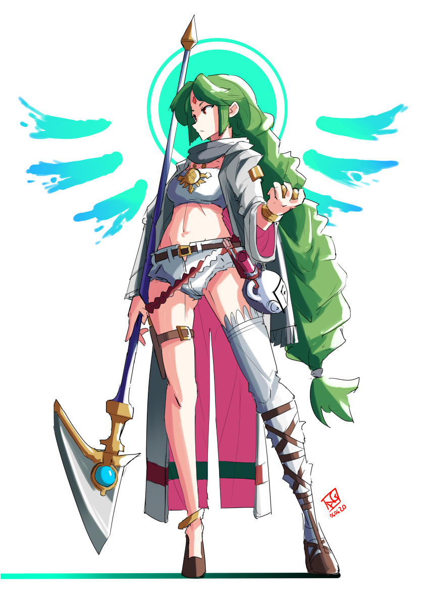 1girl alternate_costume automatic_giraffe ball bangs belt black_scarf bracelet breasts forehead_jewel from_side green_hair grey_jacket holding holding_ball holding_lance holding_polearm holding_weapon jacket jewelry jug kid_icarus kid_icarus_uprising lance long_hair long_jacket looking_ahead low-tied_long_hair medium_breasts midriff navel open_clothes open_fly open_hand open_jacket palutena parted_bangs polearm red_eyes scarf short_shorts shorts single_thighhigh solo standing thigh-highs thigh_strap very_long_hair weapon