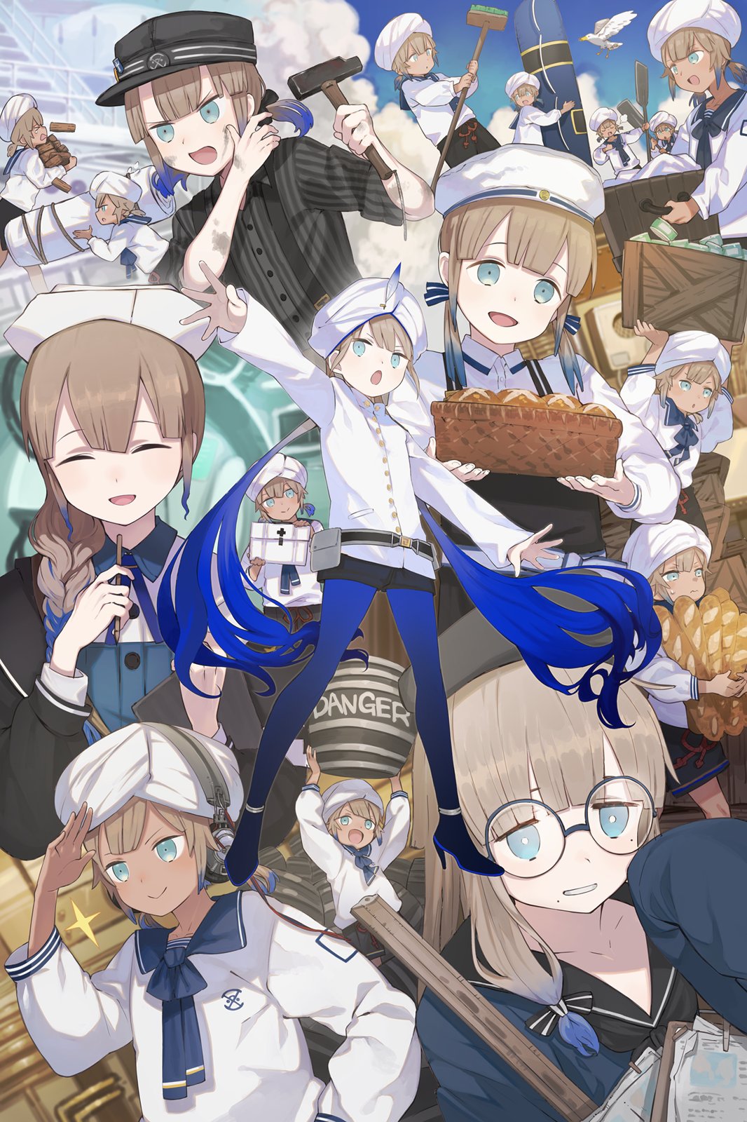 baguette bangs bird black_headwear black_jacket black_shorts blonde_hair blue_eyes blue_footwear blue_hair blue_legwear blush braid bread broom brown_hair captain_nemo_(fate/grand_order) clouds collared_shirt commentary_request dress_shirt fate/grand_order fate_(series) food gender_request glasses gradient gradient_hair gradient_legwear hammer hat high_heels highres holding holding_broom holding_food holding_hammer jacket long_hair long_sleeves looking_at_viewer multicolored_hair open_mouth paint_on_face pantyhose shirt short_ponytail short_sleeves shorts smile striped striped_shirt tetsu_(teppei) turban twintails white_headwear white_jacket