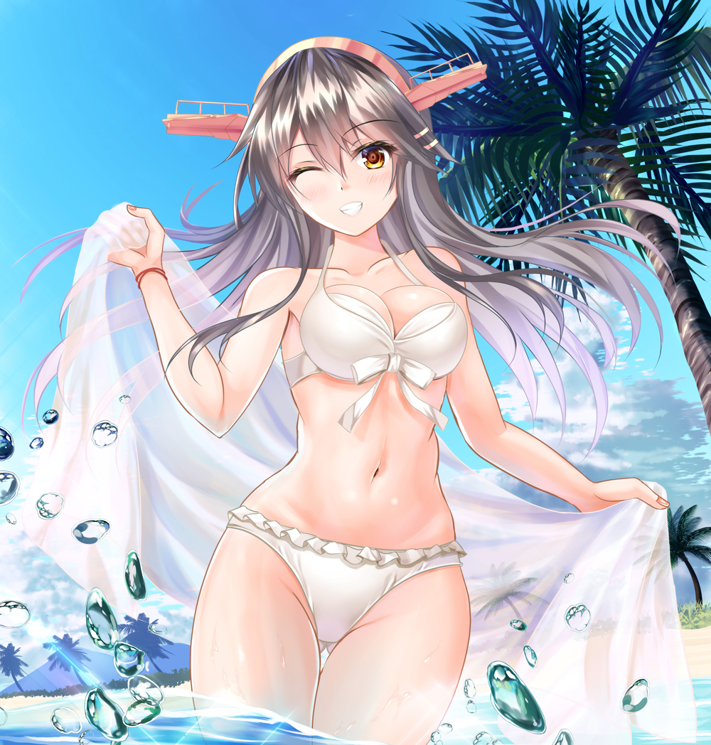 1girl ass_visible_through_thighs beach bikini black_hair blue_sky brown_eyes clouds commentary_request cowboy_shot day droplet frilled_bikini frills grin hair_ornament hairband hairclip haruna_(kantai_collection) headgear kantai_collection long_hair looking_at_viewer miyazaki_yukichi navel outdoors palm_tree sky smile solo swimsuit towel tree wading water water_drop white_bikini white_towel