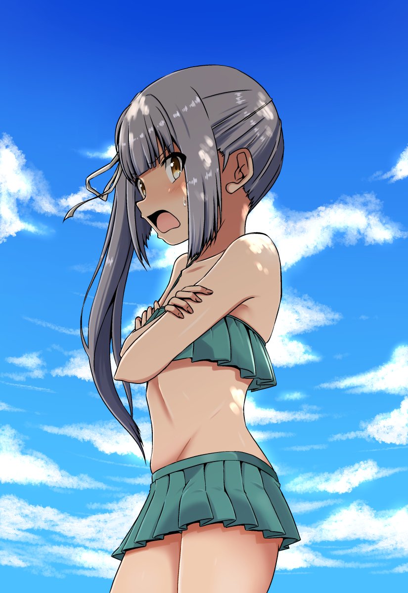 1girl bangs bikini blue_bikini blunt_bangs blush brown_eyes clouds crossed_arms day frilled_bikini frills grey_hair hair_ribbon highres kantai_collection kasumi_(kantai_collection) long_hair open_mouth outdoors ponytail ribbon shino_(ponjiyuusu) side_ponytail sky solo sweat swimsuit