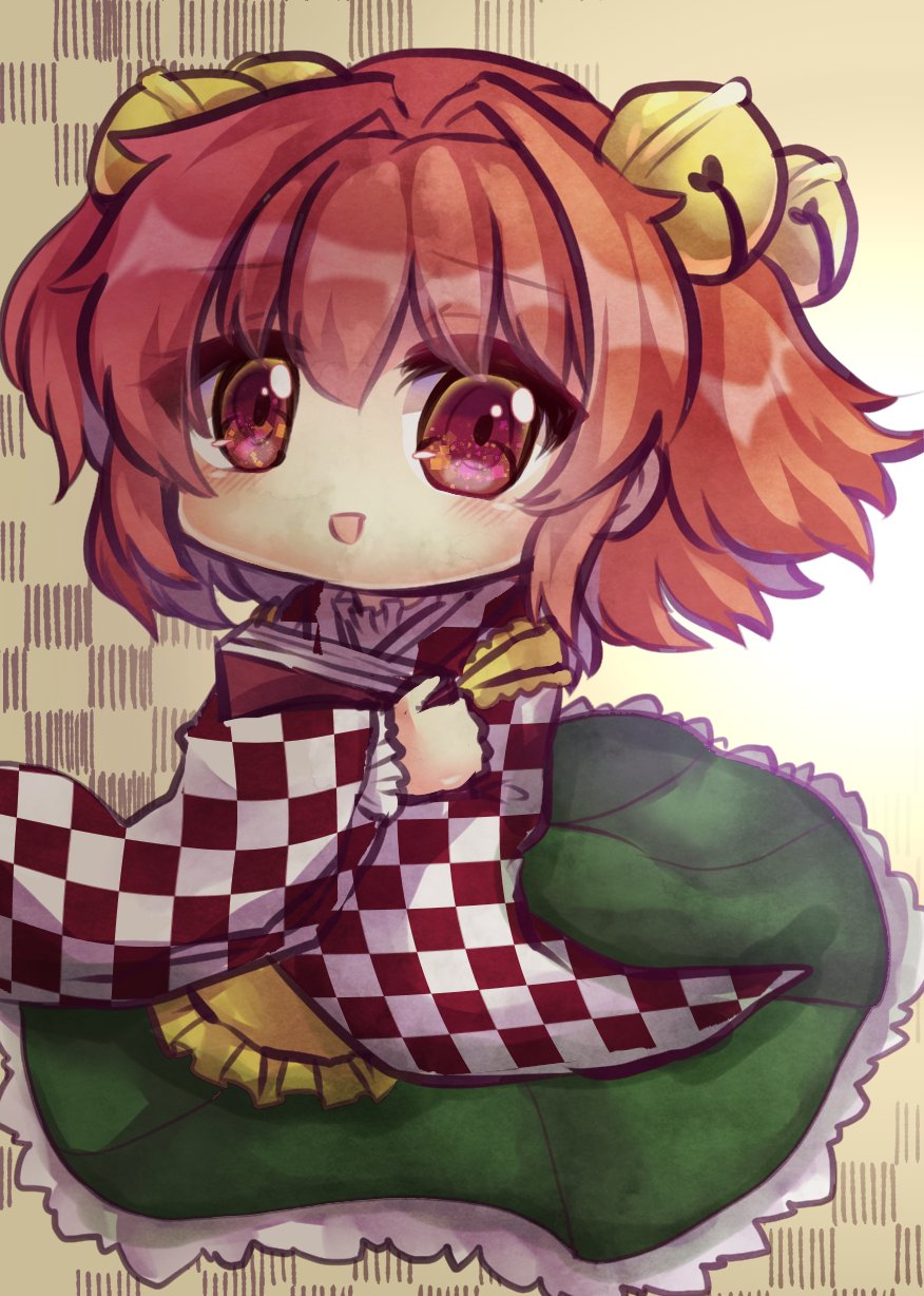1girl apron bangs bell book checkered checkered_background checkered_shirt eyebrows_visible_through_hair frilled_skirt frills full_body green_skirt hair_bell hair_ornament highres holding holding_book jingle_bell long_sleeves looking_at_viewer medium_hair motoori_kosuzu open_mouth orange_eyes orange_hair shirt skirt smile solo touhou two_side_up unime_seaflower wide_sleeves yellow_apron