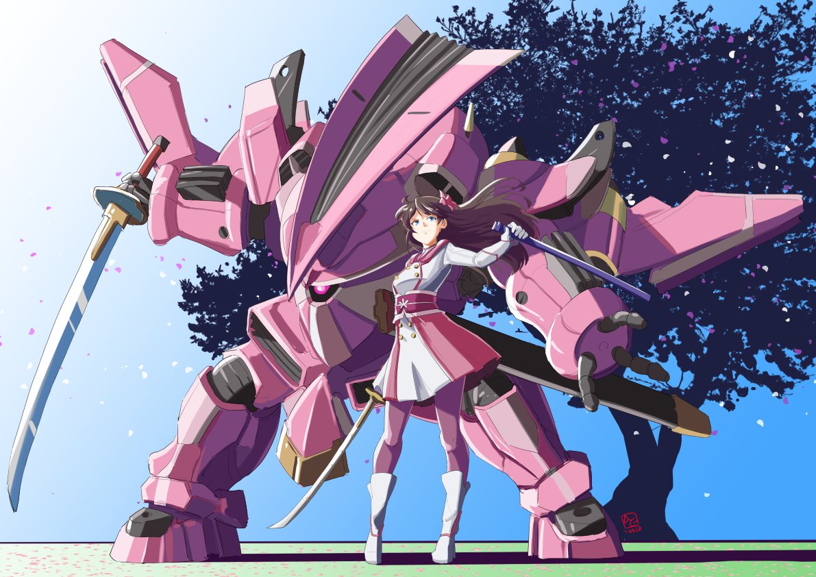 1girl amamiya_sakura automatic_giraffe blue_eyes breasts brown_hair cherry_blossoms commission english_commentary fighting_stance floating_hair flower glowing glowing_eye hair_flower hair_ornament holding holding_sheath holding_sword holding_weapon katana looking_up mecha mechanical_wings medium_breasts one-eyed open_hand pilot_suit pink_eyes sakura_taisen sheath shin_sakura_taisen shinsaku_oubu sword tree weapon wings