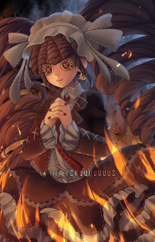 1girl black_nails bonnet brown_hair celestia_ludenberck commentary criis-chan dangan_ronpa dangan_ronpa_1 doll doll_joints dress drill_hair embers fire frilled_dress frills gothic_lolita hands_clasped hands_up identity_v joints lolita_fashion long_hair long_sleeves nail_polish necktie own_hands_together smile solo twin_drills twintails twitter_username very_long_hair