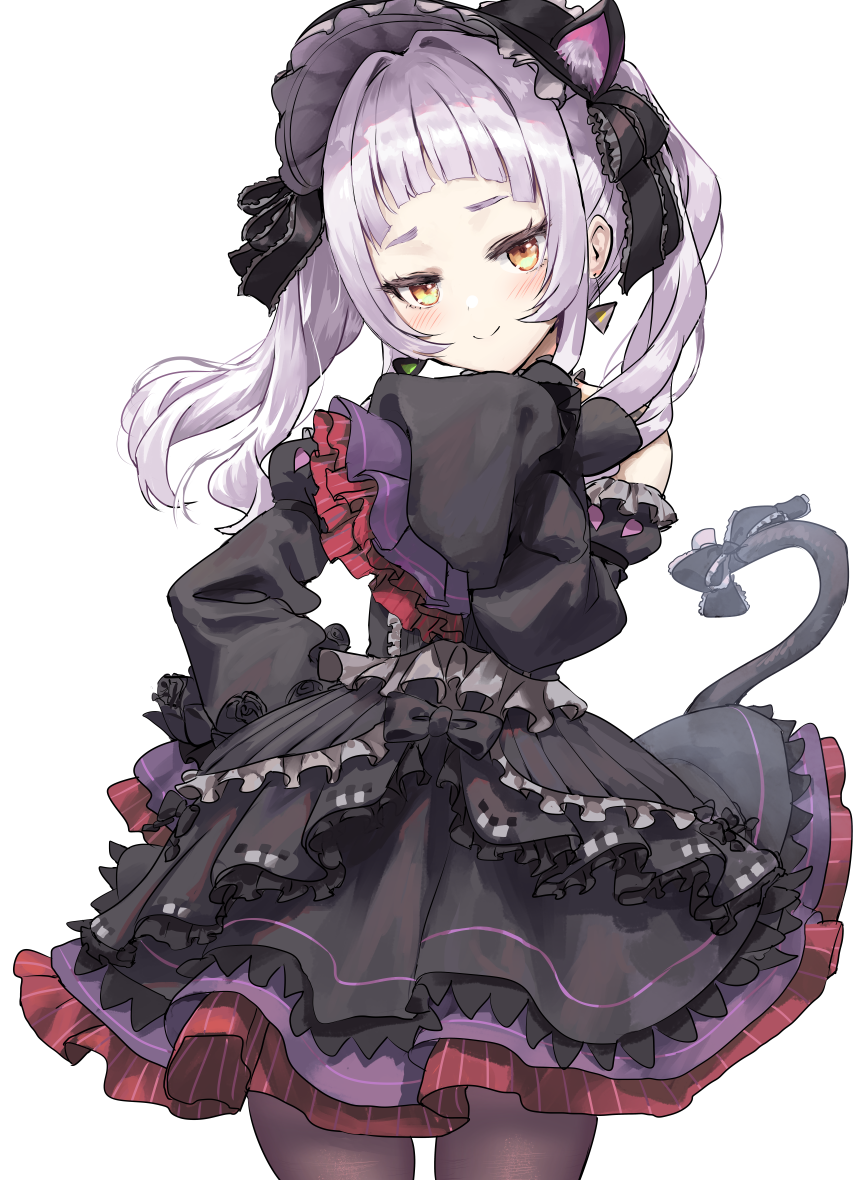 1girl animal_ears athenawyrm bangs black_dress black_headwear black_legwear blunt_bangs blush breasts cat_ears closed_mouth commentary_request cowboy_shot dress frilled_dress frilled_hairband frilled_sleeves frills gothic_lolita hair_intakes hair_ornament hairband hand_on_hip hand_up hat hololive lolita_fashion lolita_hairband long_hair long_sleeves looking_at_viewer murasaki_shion pantyhose purple_dress red_dress red_eyes silver_hair simple_background sleeves_past_fingers sleeves_past_wrists smile solo twintails virtual_youtuber white_background