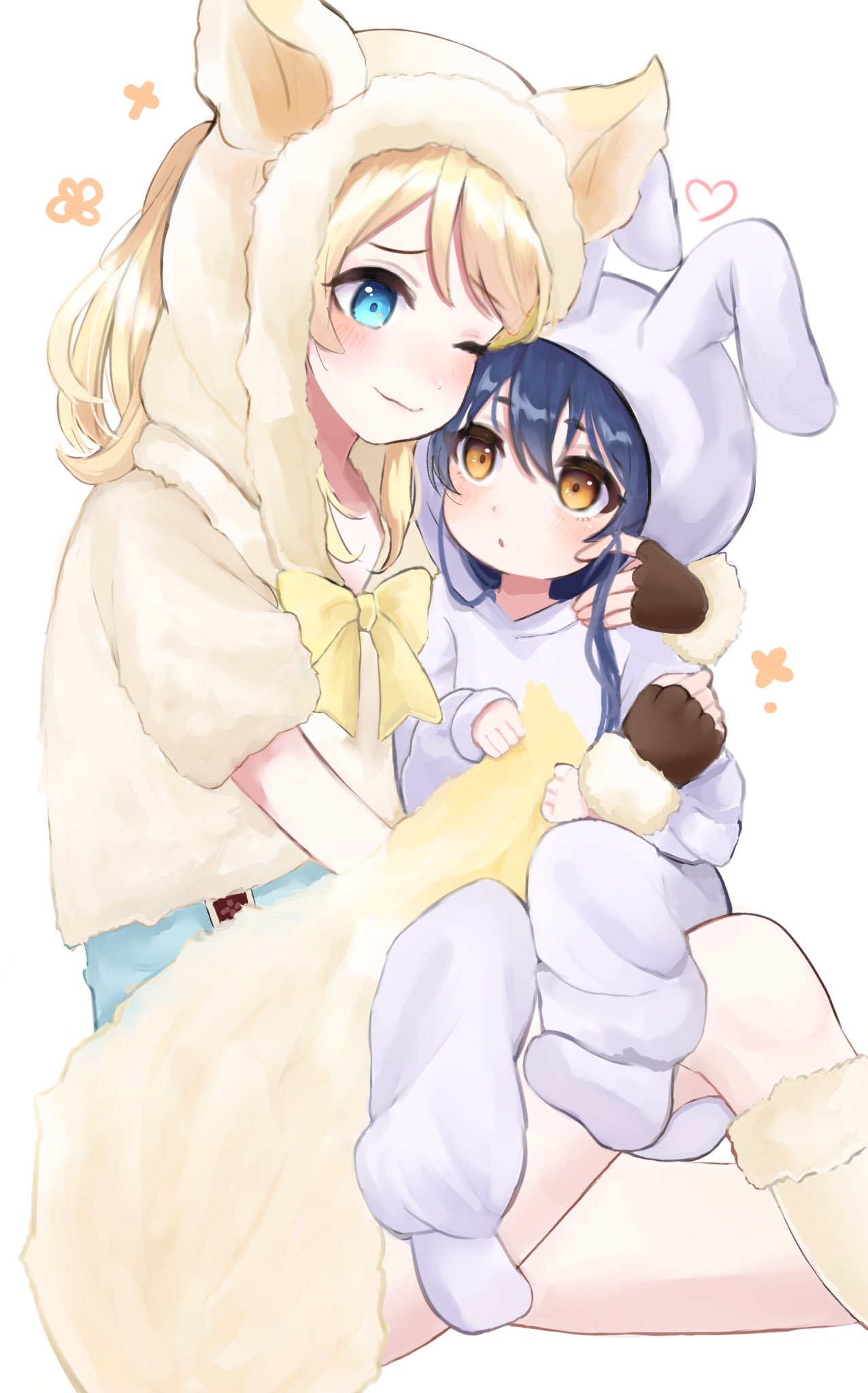 2girls age_difference animal_costume animal_hood ayase_eli bangs blonde_hair blue_eyes blue_hair blush bunny_costume bunny_hood cosplay hair_between_eyes highres hood hood_up hug kigurumi long_hair looking_at_another love_live! love_live!_school_idol_project multiple_girls one_eye_closed ponytail simple_background sitting sitting_on_lap sitting_on_person smile sonoda_umi white_background wolf_costume yellow_eyes younger