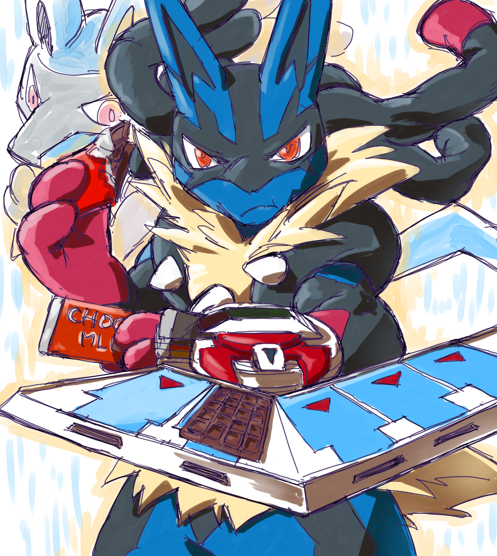 candy chocolate chocolate_bar crossover duel_disk eating food gen_4_pokemon looking_at_viewer lucario mega_lucario mega_pokemon no_humans pokemon pokemon_(creature) red_eyes sobatya solo yu-gi-oh!