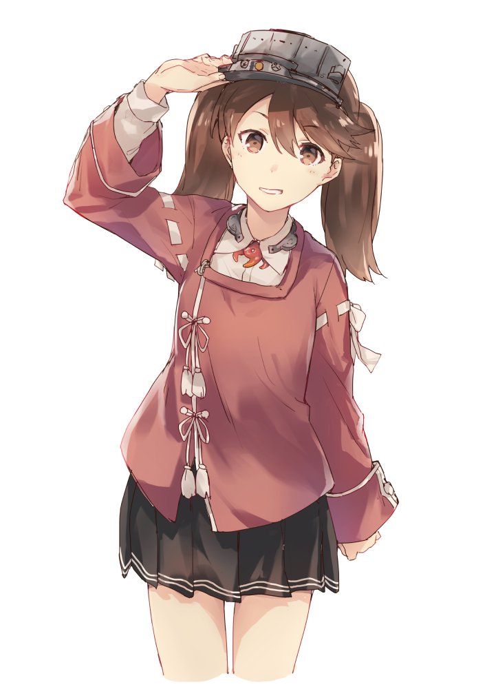 1girl bangs black_skirt brown_eyes brown_hair cropped_legs grin hair_between_eyes hand_on_headwear hat japanese_clothes kantai_collection kariginu long_hair long_sleeves magatama pleated_skirt ryuujou_(kantai_collection) satsumi simple_background skirt smile solo twintails visor_cap white_background