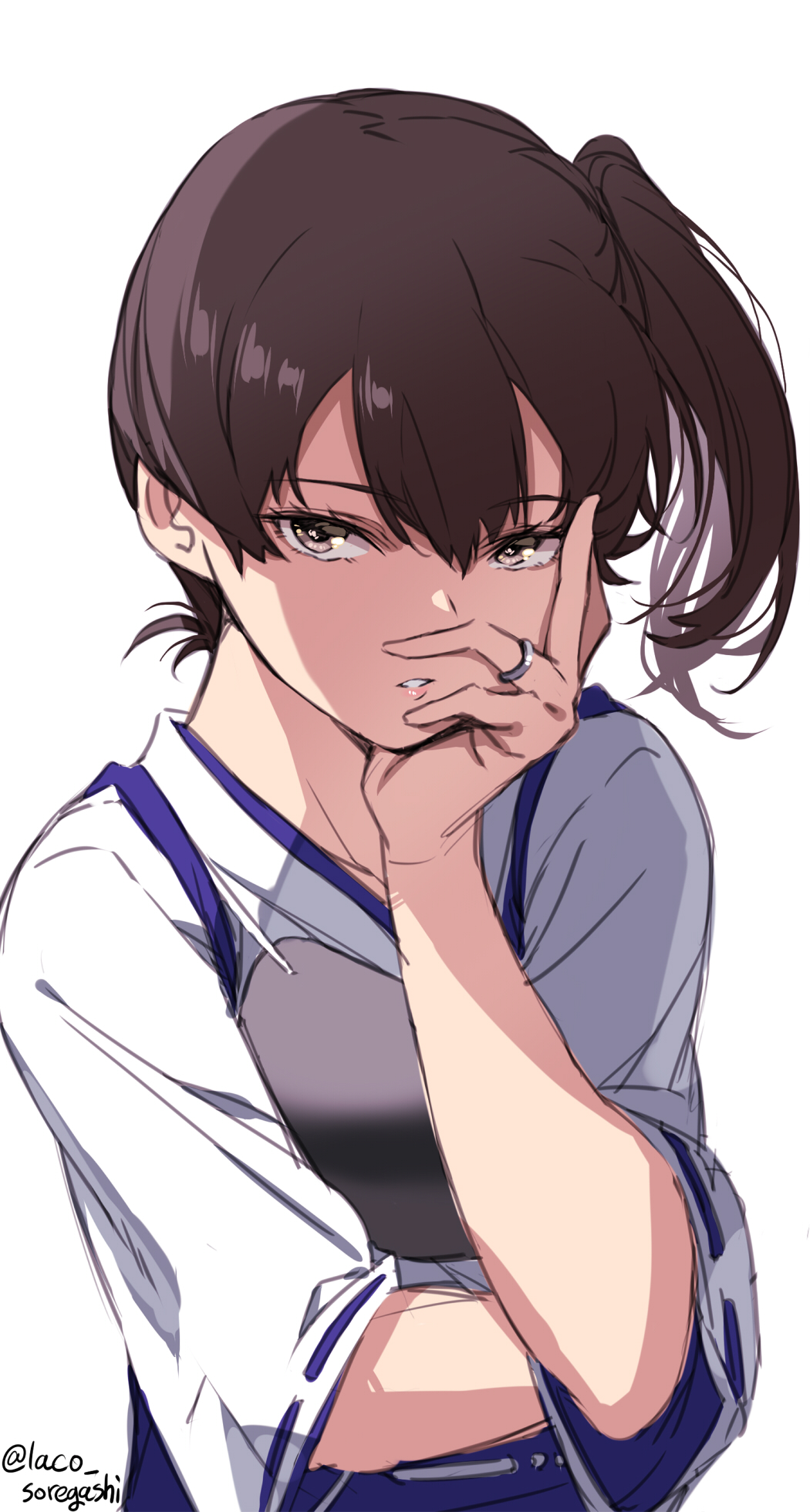 1girl bangs brown_eyes brown_hair chin_rest hair_between_eyes hand_on_own_cheek hand_on_own_face highres japanese_clothes jewelry kaga_(kantai_collection) kantai_collection laco_soregashi muneate parted_lips ponytail ring side_ponytail simple_background solo tasuki twitter_username upper_body wedding_band white_background