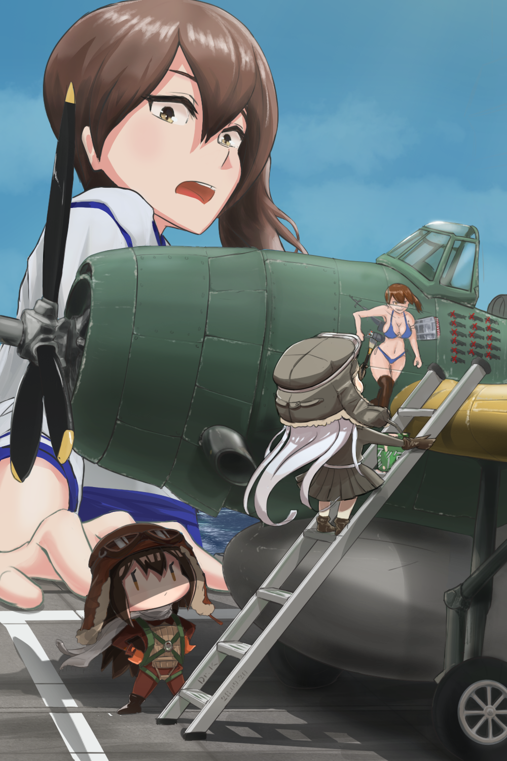 1girl aircraft airplane apron bikini blue_bikini brown_eyes brown_hair canopy cockpit cursive dr.k_(anonym) embarrassed fairy_(kantai_collection) flight_deck highres japanese_clothes kaga_(kantai_collection) kantai_collection ladder long_hair machinery military military_vehicle multiple_girls muneate nose_art paint paintbrush pilot propeller swimsuit world_war_ii