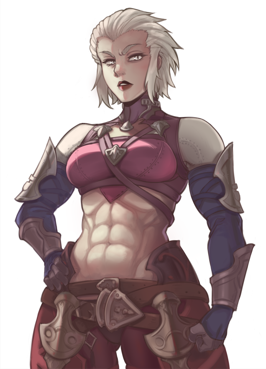 1girl abs armor bloopiest brown_gloves clenched_hand final_fantasy final_fantasy_xiv gloves grey_hair hair_slicked_back hand_on_hip highres merlwyb_bloefhiswyn muscle muscular_female navel parted_lips red_lips roegadyn short_hair simple_background slit_pupils solo turtleneck white_background yellow_eyes