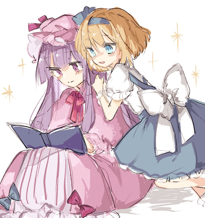 2girls alice_margatroid alice_margatroid_(pc-98) blonde_hair blue_bow blue_dress blue_eyes blue_hairband blue_ribbon book bow commentary_request dress feet_out_of_frame hairband hat hat_ribbon kneeling mob_cap multiple_girls neck_ribbon open_mouth patchouli_knowledge pink_bow pink_dress pink_headwear pink_ribbon purple_hair reading red_neckwear ribbon shirt short_sleeves sitting smile sorani_(kaeru0768) sparkle striped striped_dress touhou touhou_(pc-98) violet_eyes white_background white_bow white_shirt wrist_cuffs