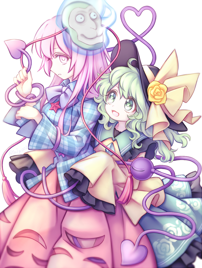 2girls bangs black_legwear bow bowtie bubble_skirt closed_mouth floral_print flower frilled_skirt frilled_sleeves frills green_eyes green_hair green_skirt hat hat_ribbon hata_no_kokoro heart heart_eyes heart_of_string komeiji_koishi long_hair long_sleeves looking_at_another looking_at_viewer mask mask_on_head miy_001 multiple_girls open_mouth pink_eyes pink_hair plaid plaid_shirt purple_bow purple_neckwear ribbon rose rose_print shirt simple_background skirt sleeves_past_fingers sleeves_past_wrists smile star_(symbol) third_eye touhou wavy_hair white_background wide_sleeves yellow_flower yellow_ribbon yellow_rose yellow_shirt