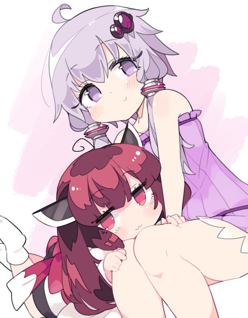 2girls :&gt; :3 ahoge bangs blush dress eyebrows_visible_through_hair hair_ornament headgear ini_(inunabe00) long_hair lying multiple_girls on_stomach purple_dress purple_hair red_eyes short_hair_with_long_locks simple_background sitting smile socks strapless strapless_dress touhoku_kiritan tube_dress two-tone_background violet_eyes vocaloid voiceroid white_legwear yuzuki_yukari