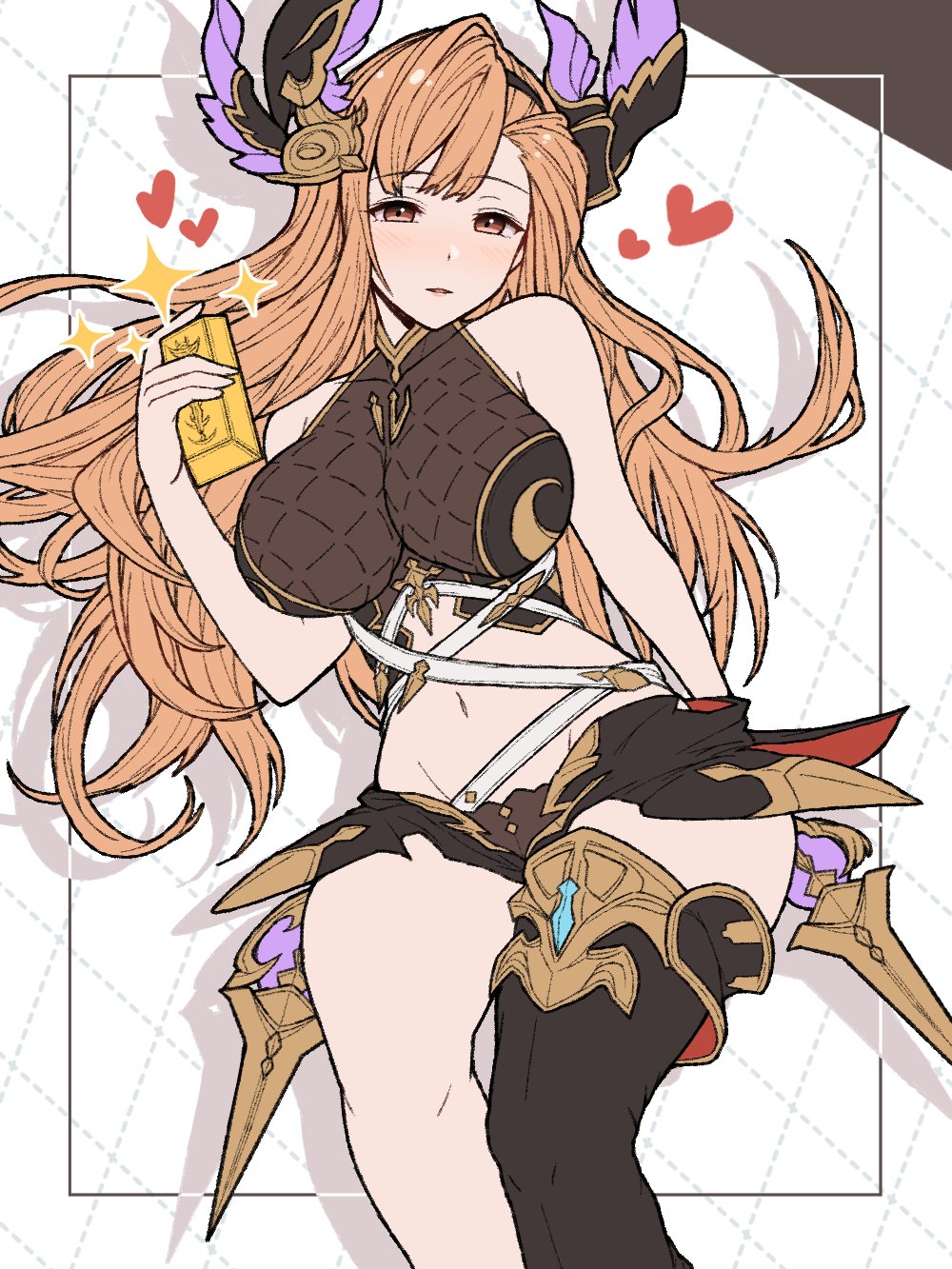 1girl bangs bare_shoulders black_legwear black_shorts blush breasts brown_eyes crop_top detached_sleeves gloves gold_bar granblue_fantasy head_wings heart highres large_breasts light_brown_hair ll_0109 long_hair looking_at_viewer lying midriff navel on_back parted_lips short_shorts shorts sidelocks smile song_(granblue_fantasy) sparkle thigh-highs thighs white_gloves