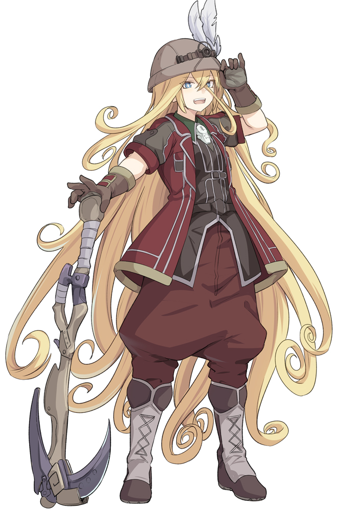 1girl absurdly_long_hair baggy_pants bangs black_shirt blonde_hair blue_eyes boots brown_gloves full_body gloves hand_up hardhat hat hat_feather helmet holding holding_pickaxe jacket knee_boots long_hair looking_at_viewer lyza made_in_abyss open_mouth pants pickaxe red_jacket red_pants shirt shiseki_hirame short_sleeves simple_background solo standing very_long_hair white_background