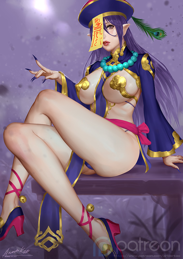 1girl ariverkao between_breasts blurry blurry_background breasts fingernails hat high_heels jewelry large_breasts long_hair long_sleeves looking_at_viewer necklace ofuda original pelvic_curtain pointy_ears purple_background purple_hair revealing_clothes sharp_fingernails shrug_(clothing) sitting solo yellow_eyes