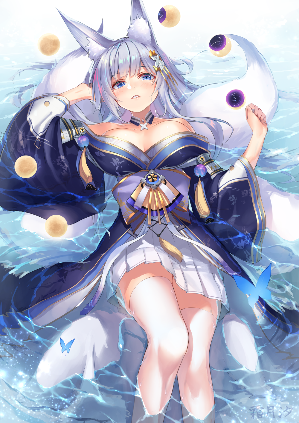 1girl animal_ear_fluff azur_lane blue_butterfly blue_collar blue_eyes blue_kimono breasts collar commentary_request floral_print fox_girl from_above hair_ornament halter_dress highres japanese_clothes kimono large_breasts large_tail long_hair looking_at_viewer lying moon_phases off-shoulder_kimono on_back parted_lips pleated_skirt shimotsuki_shio shinano_(azur_lane) silver_hair skirt skirt_under_kimono tail thigh-highs very_long_hair water wet wet_clothes white_tail wide_sleeves wrist_flower