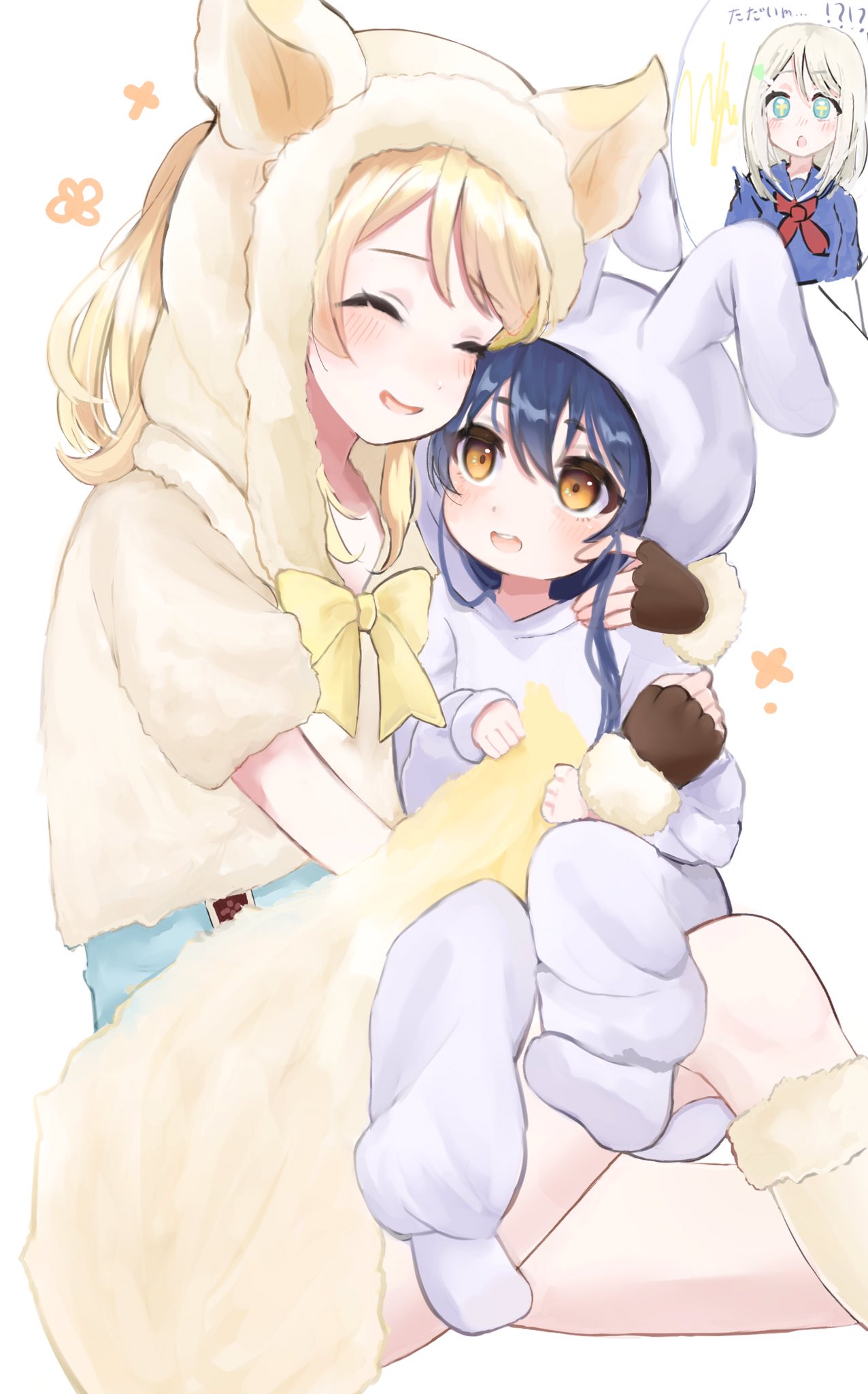 2girls age_difference animal_costume animal_hood ayase_arisa ayase_eli bangs blonde_hair blue_hair blush bunny_costume bunny_hood closed_eyes cosplay hair_between_eyes highres hood hood_up hug kigurumi long_hair looking_at_another love_live! love_live!_school_idol_project multiple_girls ponytail simple_background sitting sitting_on_lap sitting_on_person smile sonoda_umi white_background wolf_costume yellow_eyes younger