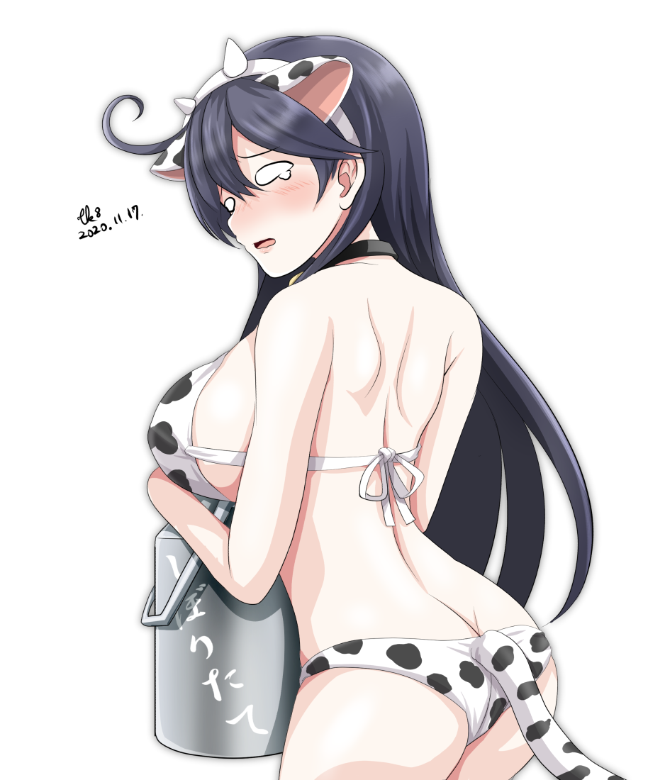 1girl ahoge animal_ears animal_print bikini black_hair breasts butt_crack commentary_request cow_ears cow_girl cow_horns cow_print cow_tail cowboy_shot dated fake_animal_ears horns kantai_collection large_breasts long_hair milk_churn signature simple_background solo swimsuit tail tears tk8d32 translation_request ushio_(kantai_collection) white_background