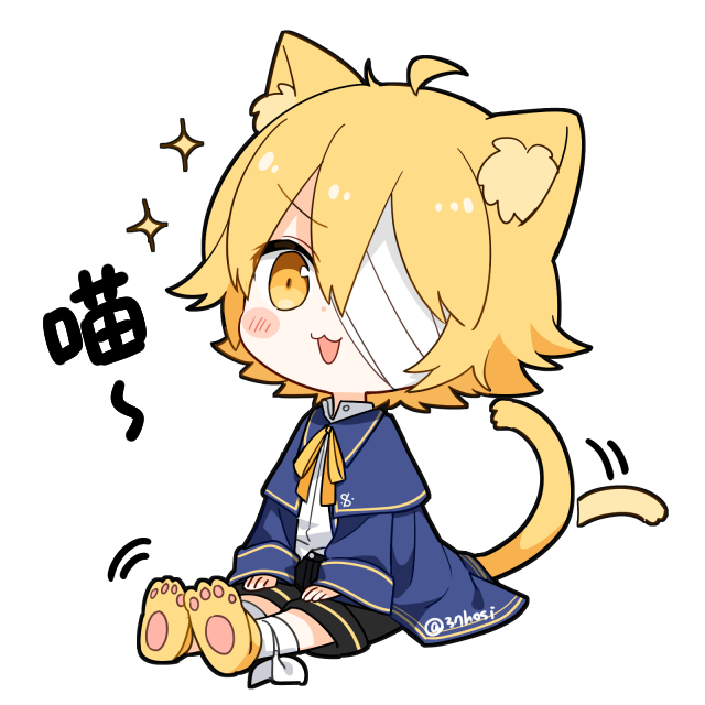 1boy animal_ears bandage_over_one_eye bandaged_leg bandages black_shorts blonde_hair blue_capelet blue_jacket blush capelet cat_boy cat_ears cat_tail commentary dal_segno_(symbol) jacket looking_at_viewer male_focus minahoshi_taichi oliver_(vocaloid) open_mouth paw_shoes shirt shoes shorts sitting sparkle tail tail_wagging translated v-shaped_eyebrows vocaloid white_background white_shirt yellow_eyes