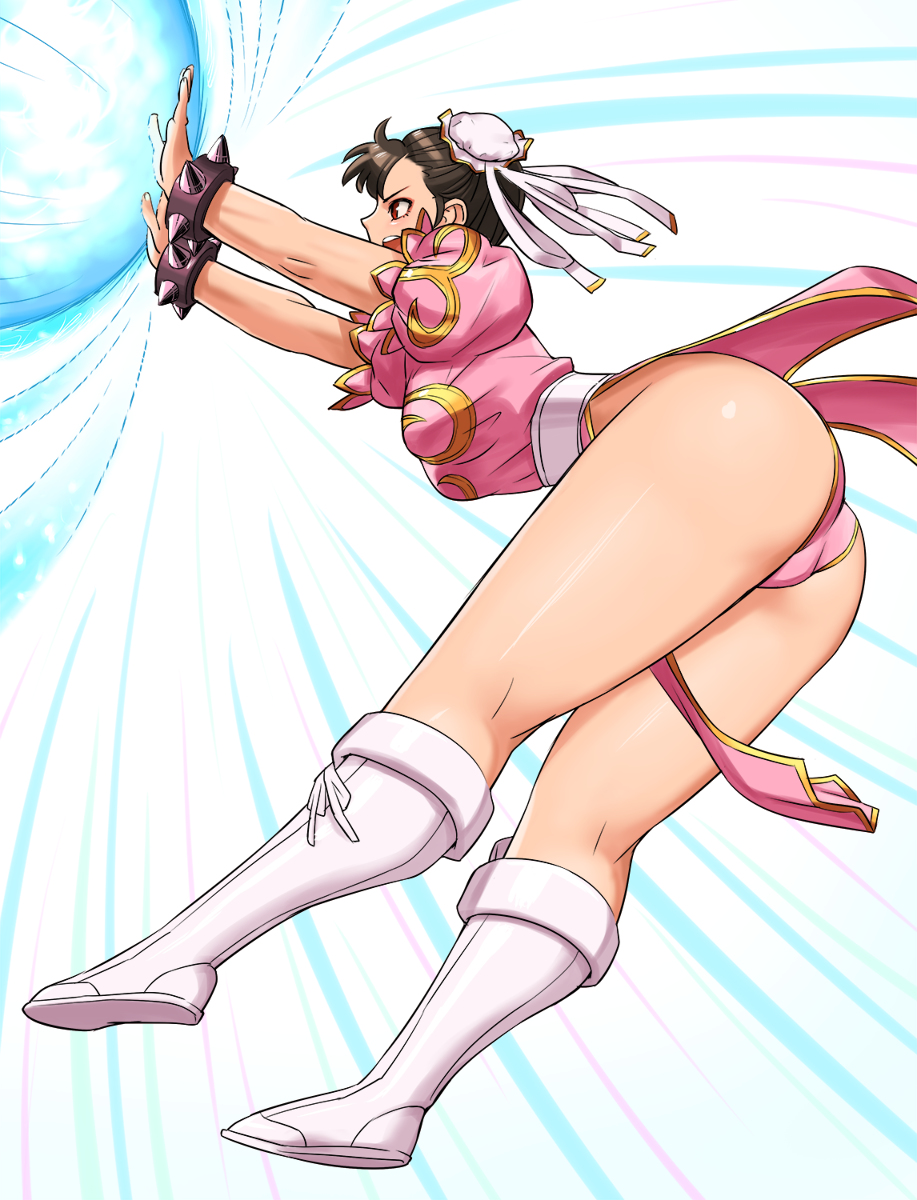 1girl alternate_color ass boots bracelet breasts brown_hair china_dress chinese_clothes chun-li commentary_request double_bun dress full_body hair_ornament highres jewelry kikouken knee_boots medium_breasts open_mouth puffy_short_sleeves puffy_sleeves shigenobu shiny shiny_skin short_sleeves simple_background solo spiked_bracelet spikes street_fighter street_fighter_ii_(series) tied_hair white_background white_footwear