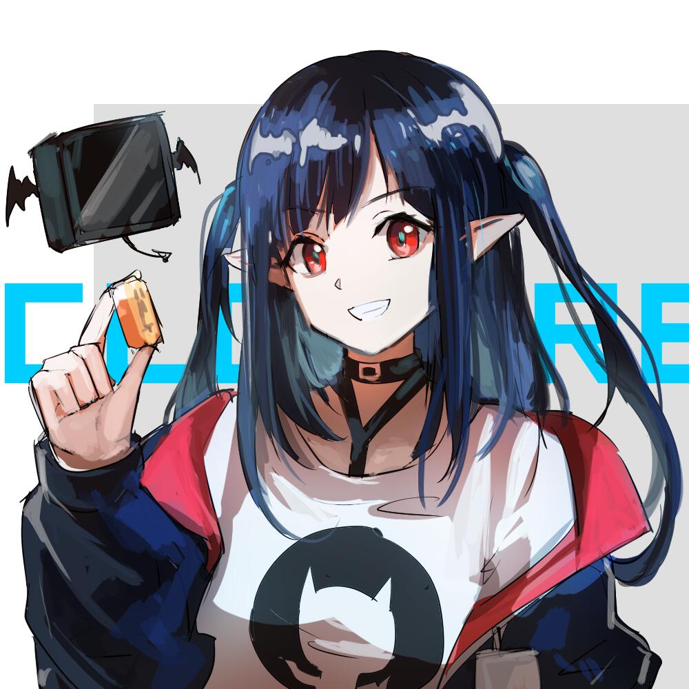 1girl arknights bangs black_choker black_hair black_jacket breasts character_name choker closure_(arknights) commentary_request grin hair_between_eyes holding id_card jacket lanyard long_hair long_sleeves looking_at_viewer open_clothes open_jacket pointy_ears red_eyes shirt smile solo teeth thigh_strap tianye_toshi upper_body white_shirt
