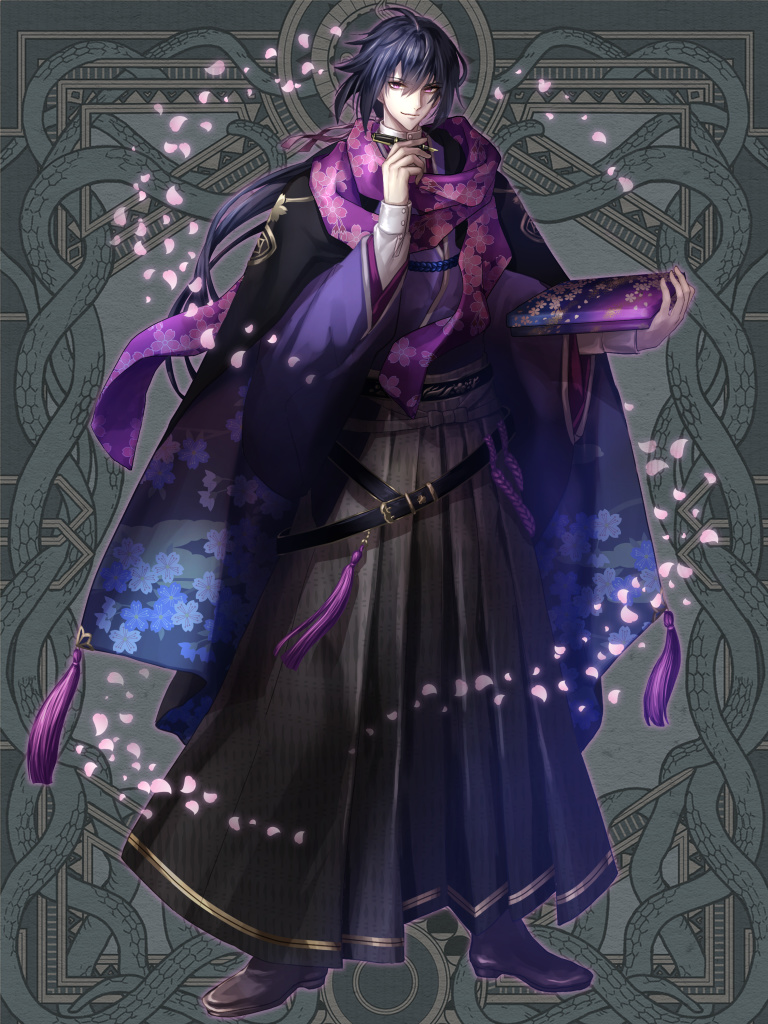 1boy belt black_cape black_hair book cape dairoku_youhei floral_print full_body grey_background hakama hand_up hi-na1 holding holding_book japanese_clothes long_hair long_sleeves looking_at_viewer ponytail purple_scarf scarf shoes simple_background solo standing wide_sleeves